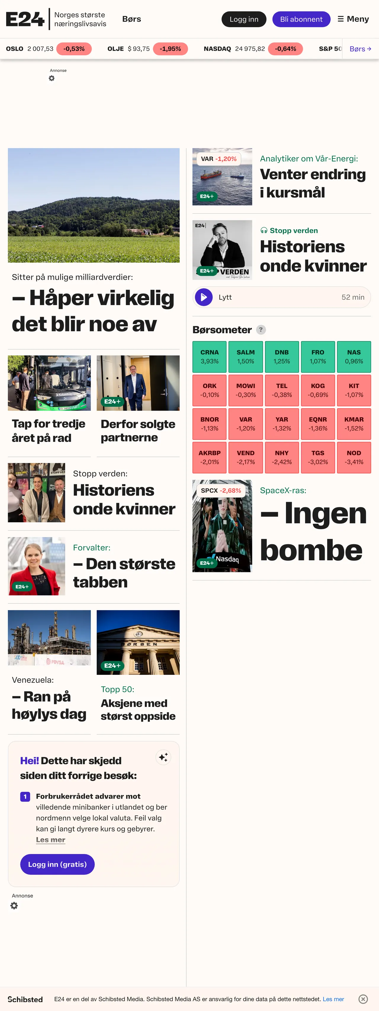 Screenshot of the E24 front page