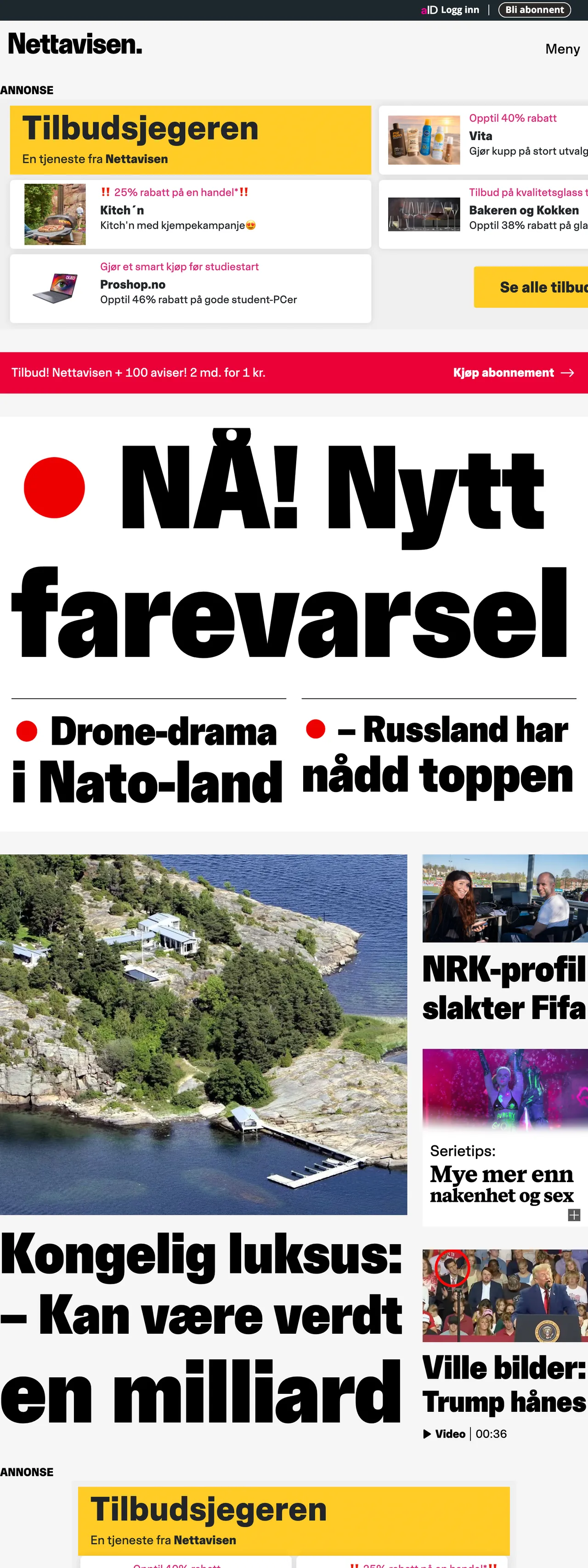 Screenshot of the Nettavisen front page