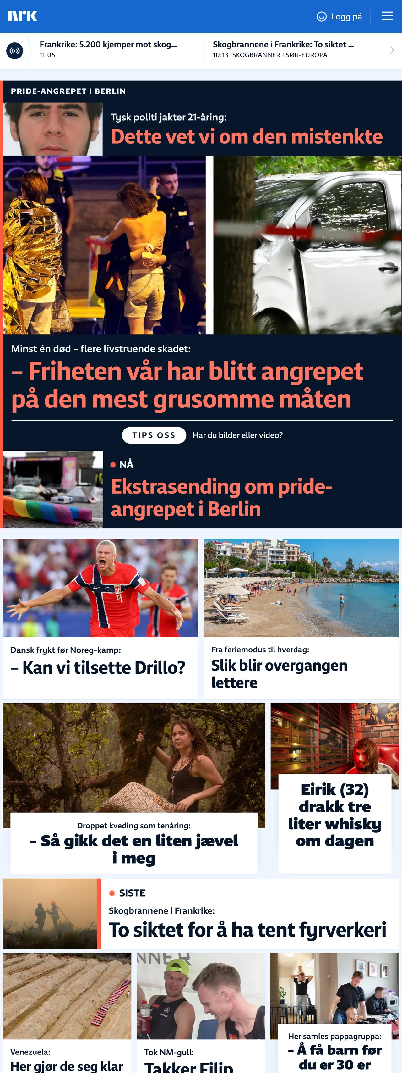 Screenshot of the NRK front page