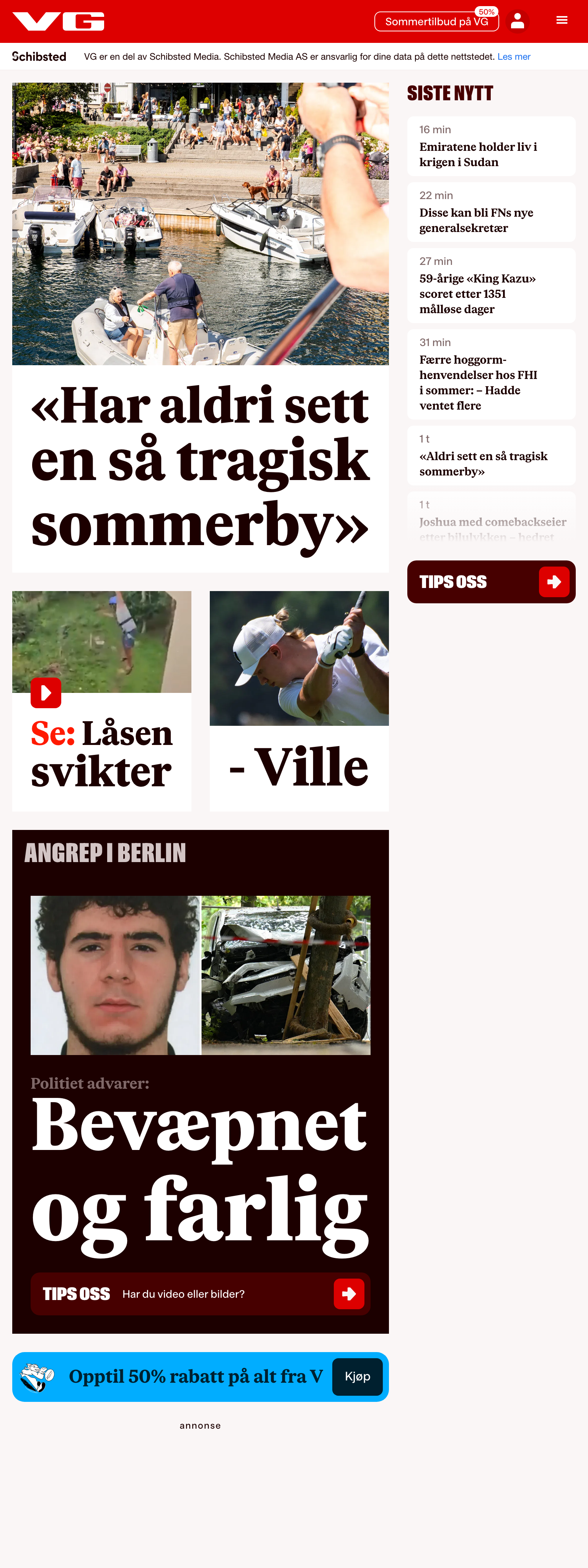 Screenshot of the VG front page