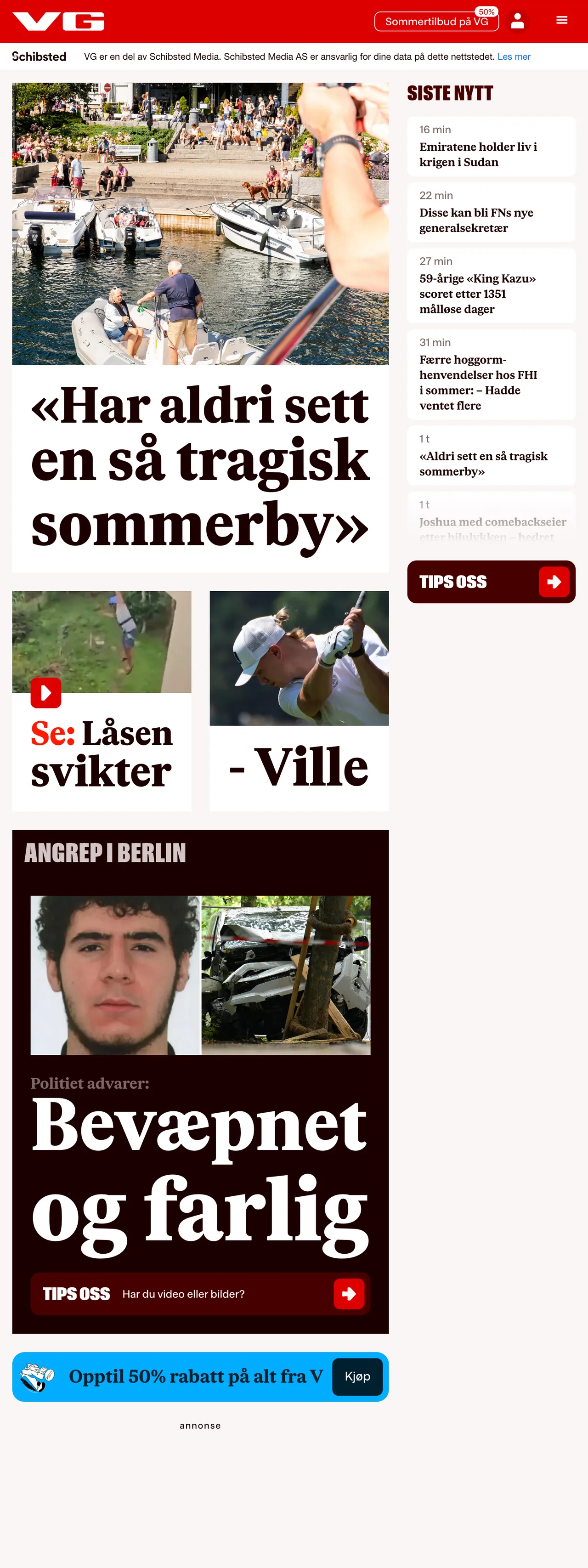 Screenshot of the VG front page