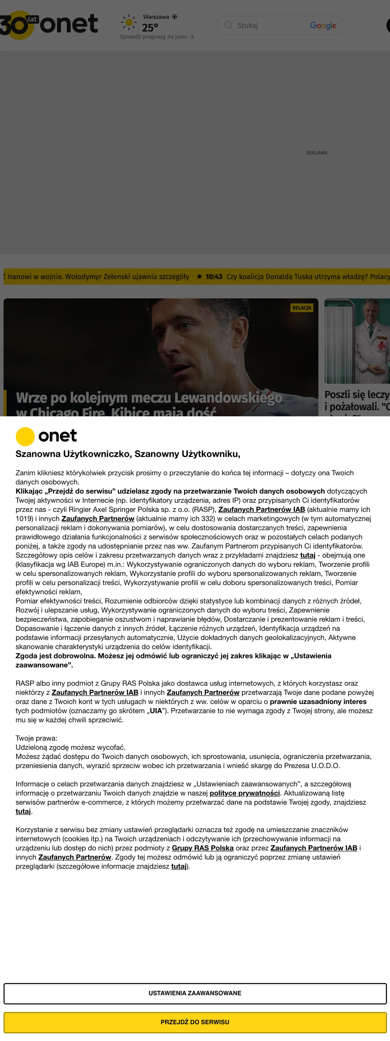 Screenshot of the Onet front page
