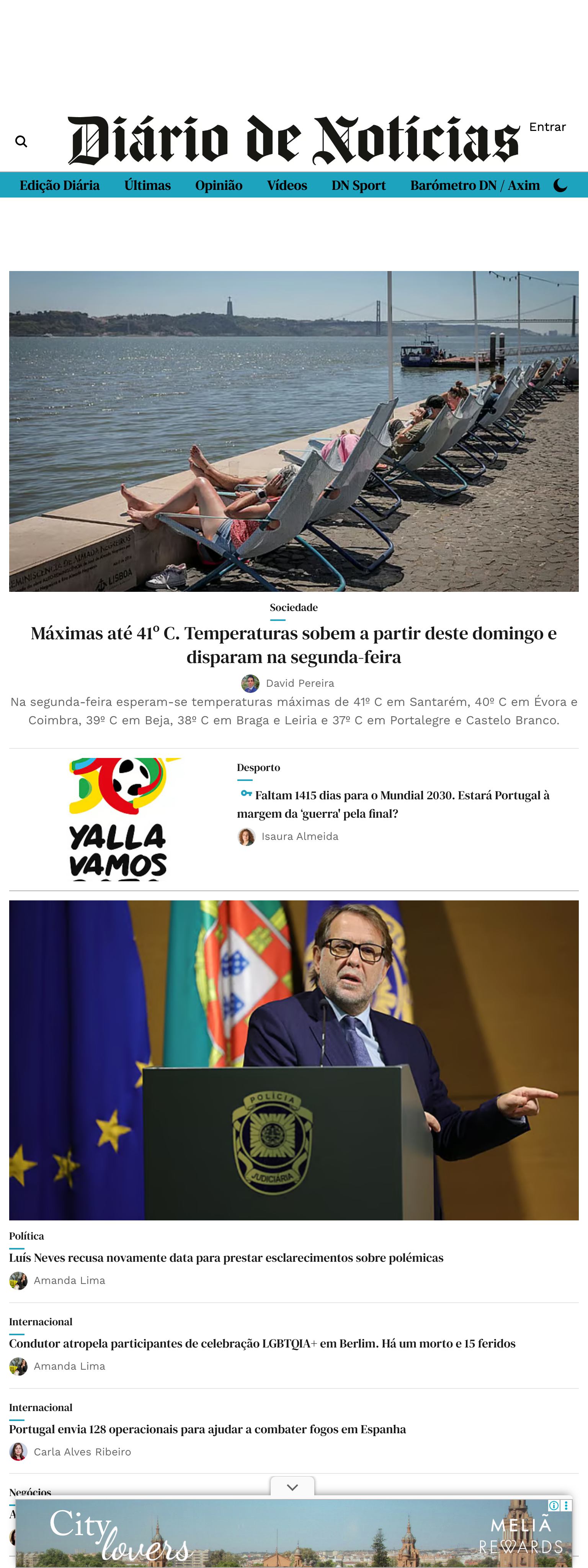 Screenshot of the Diário de Notícias front page