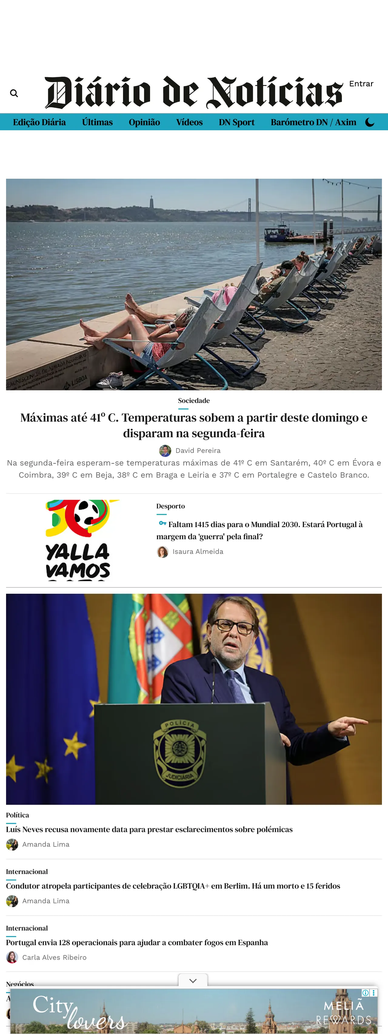 Screenshot of the Diário de Notícias front page