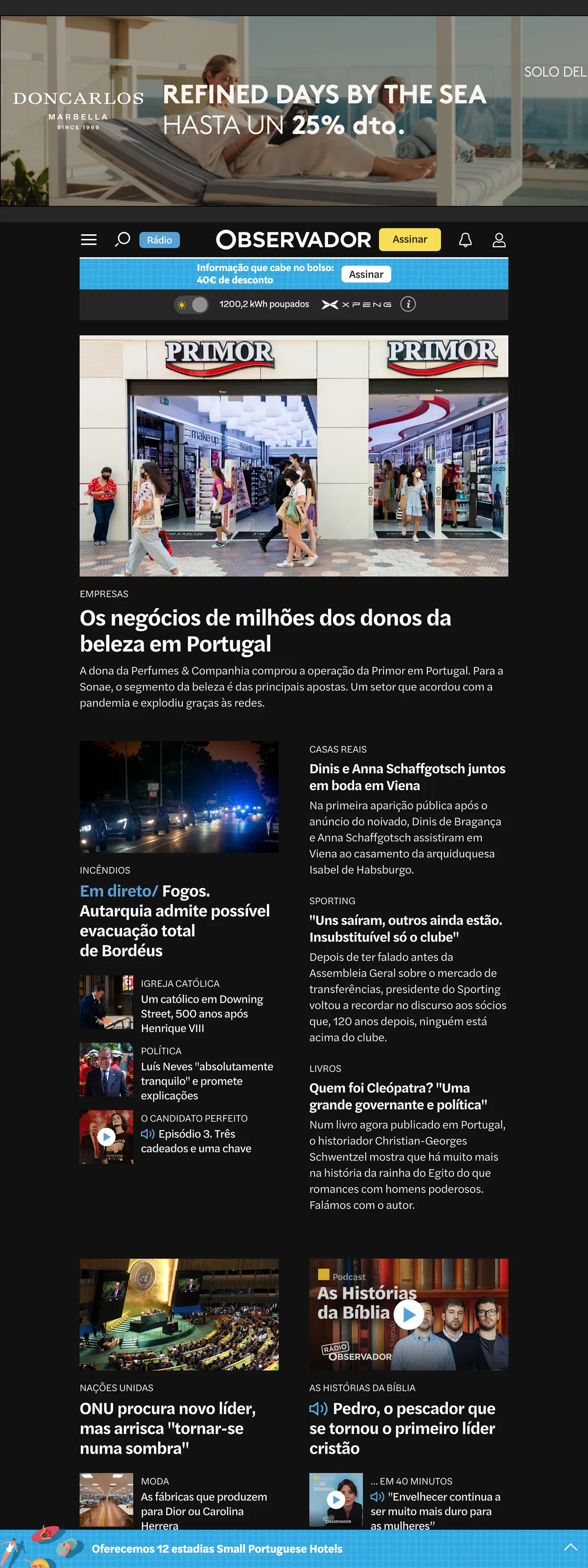 Screenshot of the Observador front page