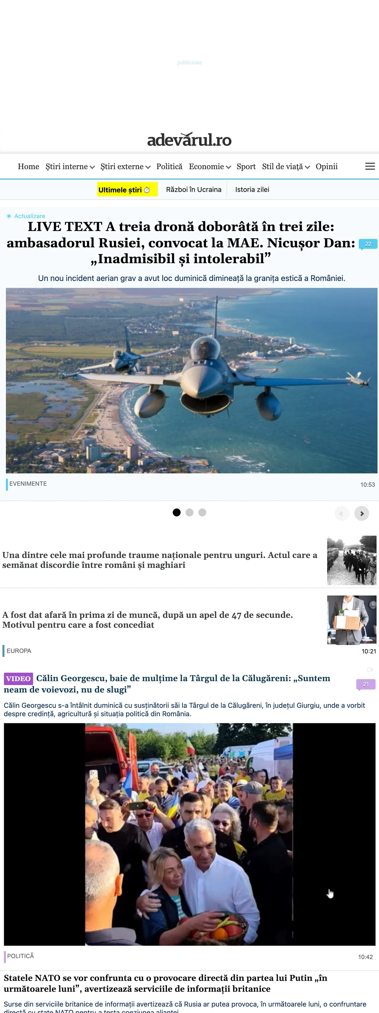 Screenshot of the Adevărul front page