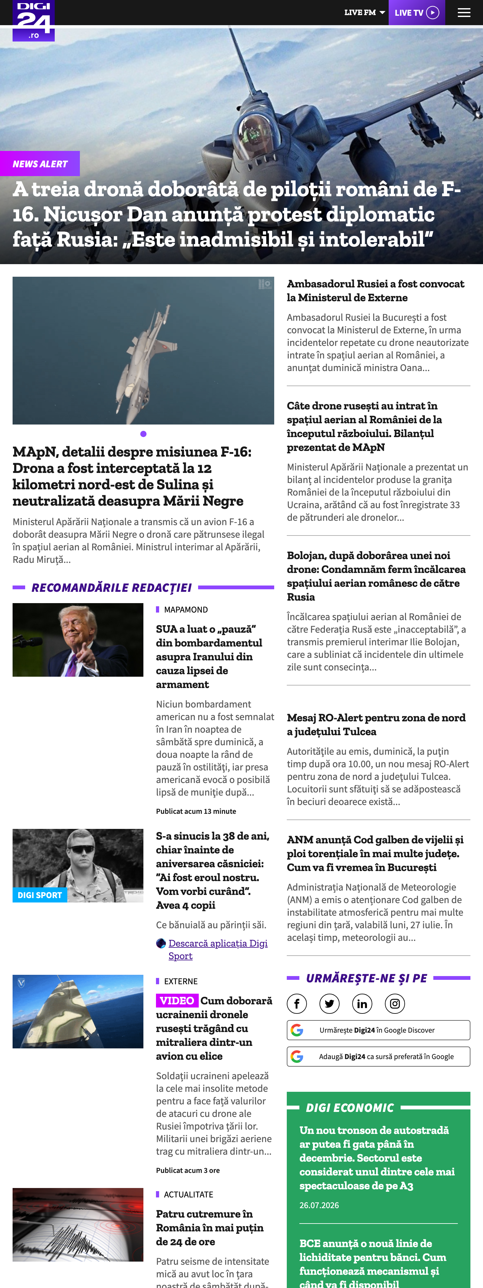Screenshot of the Digi24 front page
