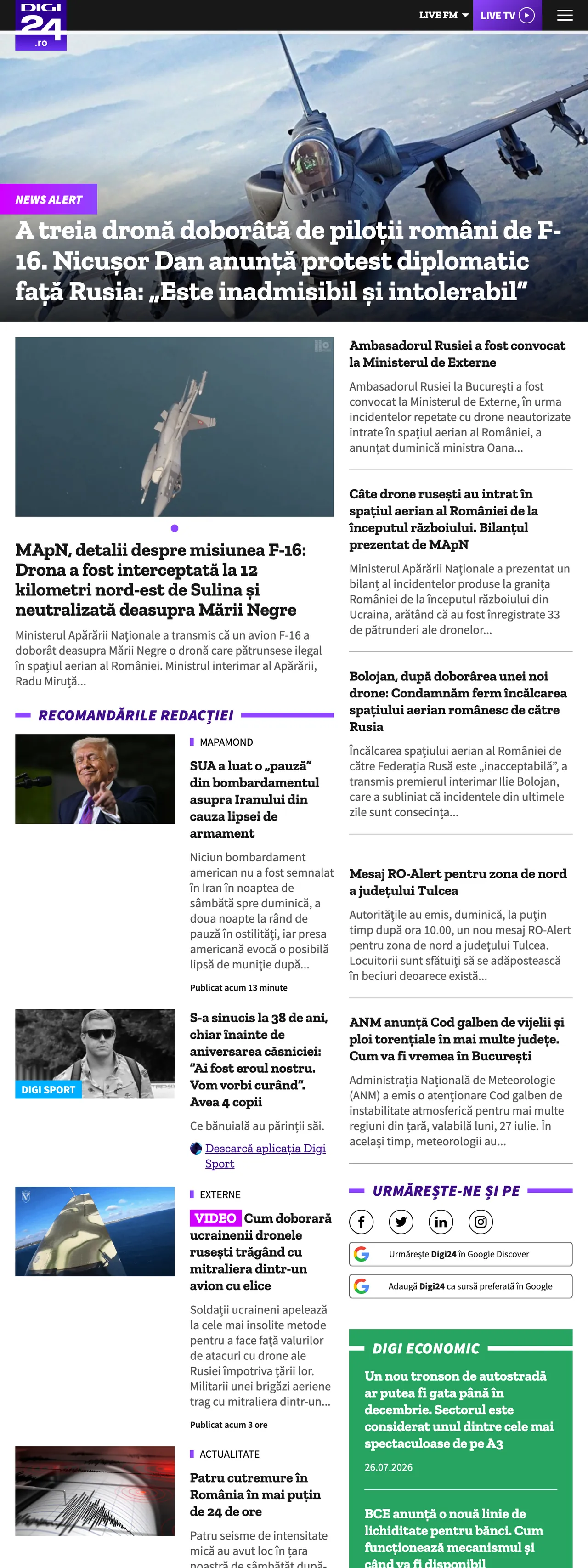 Screenshot of the Digi24 front page