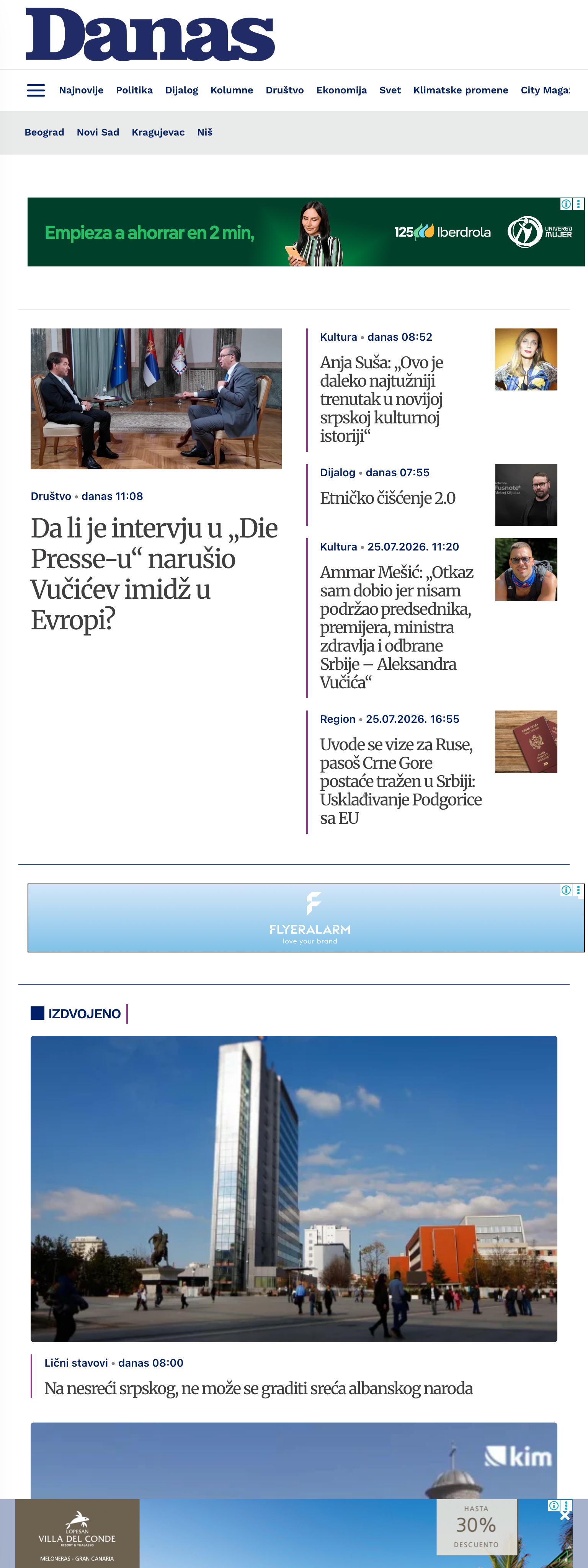Screenshot of the Danas front page