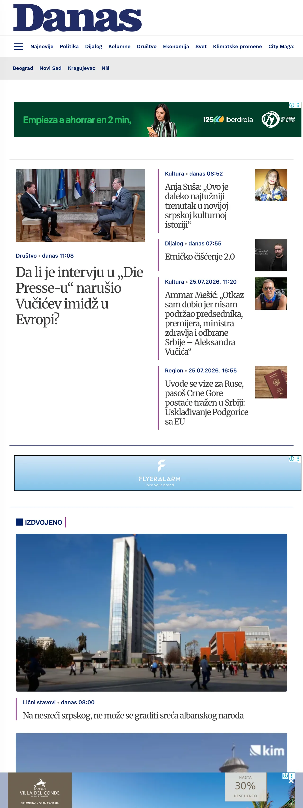 Screenshot of the Danas front page