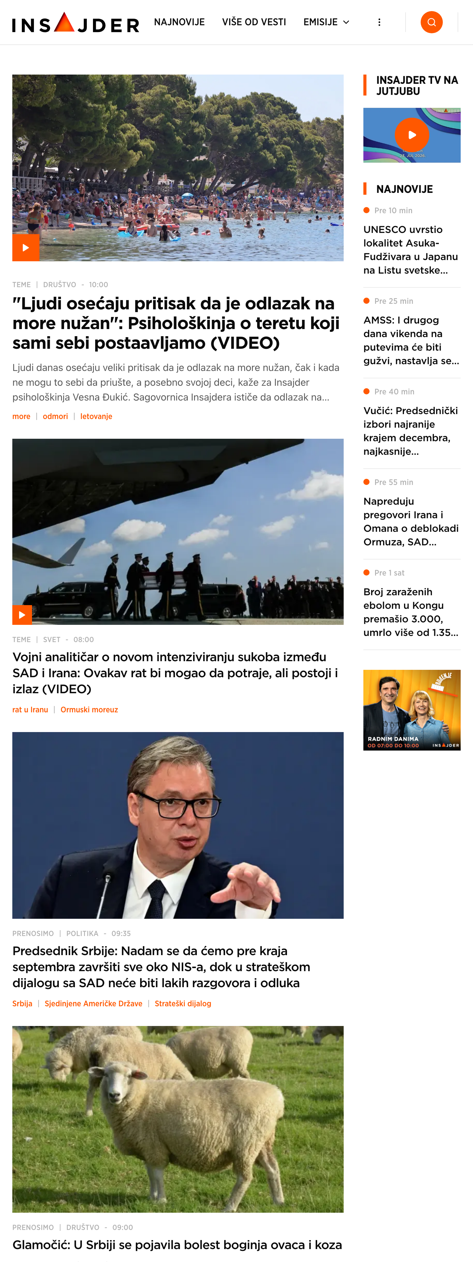 Screenshot of the Insajder front page
