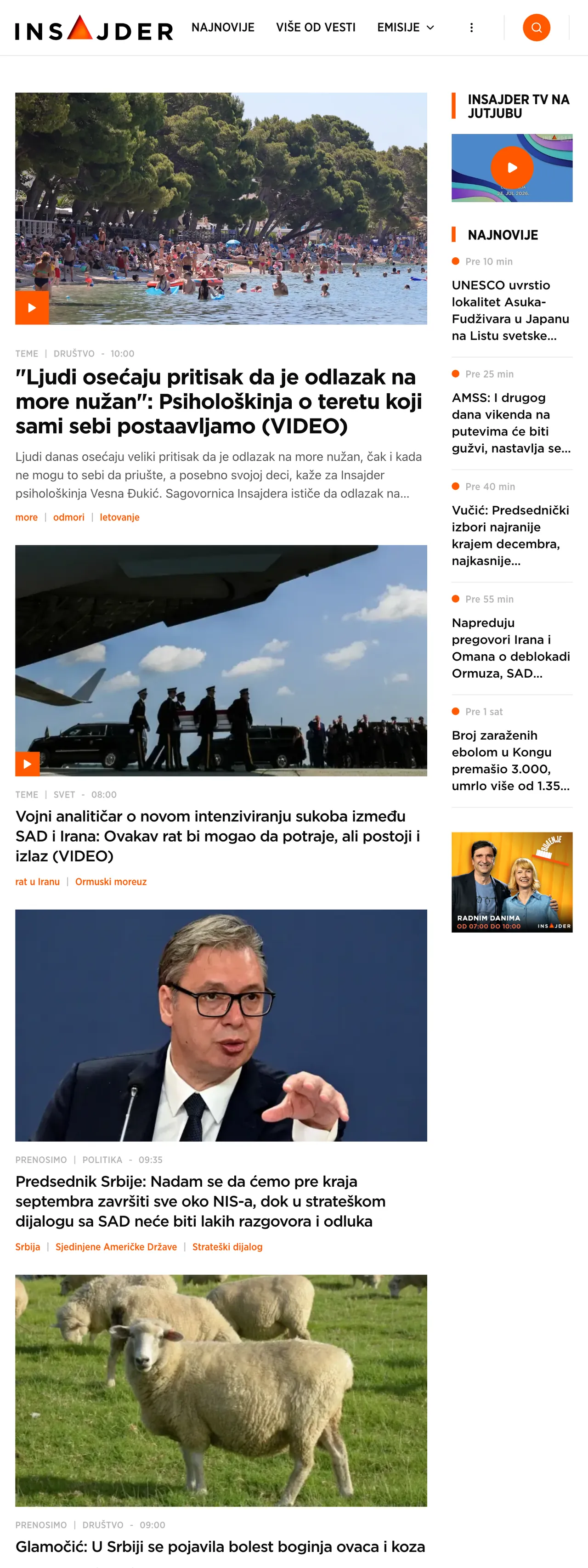 Screenshot of the Insajder front page