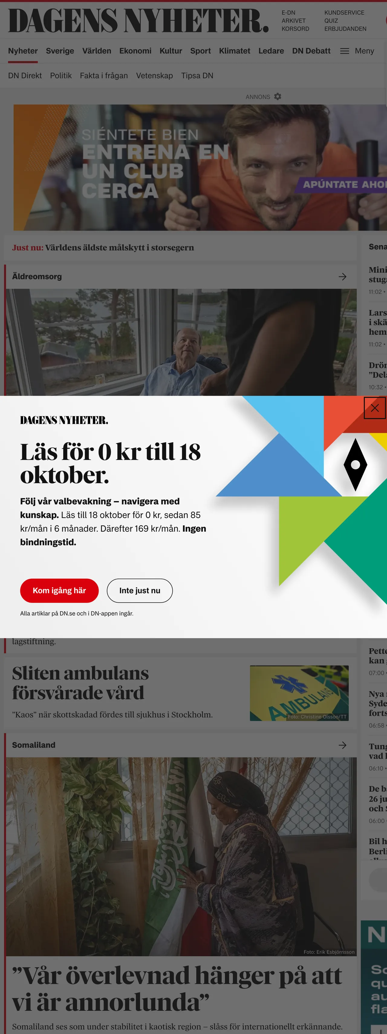 Screenshot of the Dagens Nyheter front page