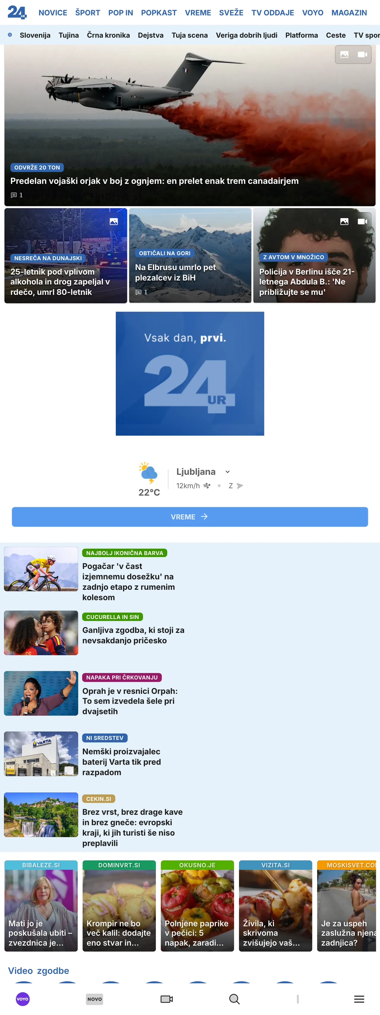 Screenshot of the 24ur front page