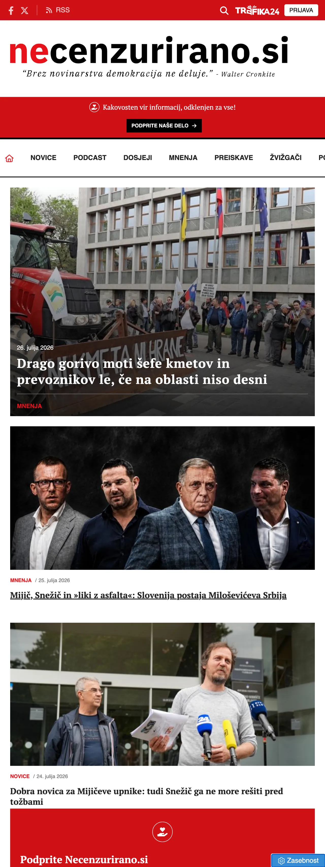 Screenshot of the Necenzurirano front page