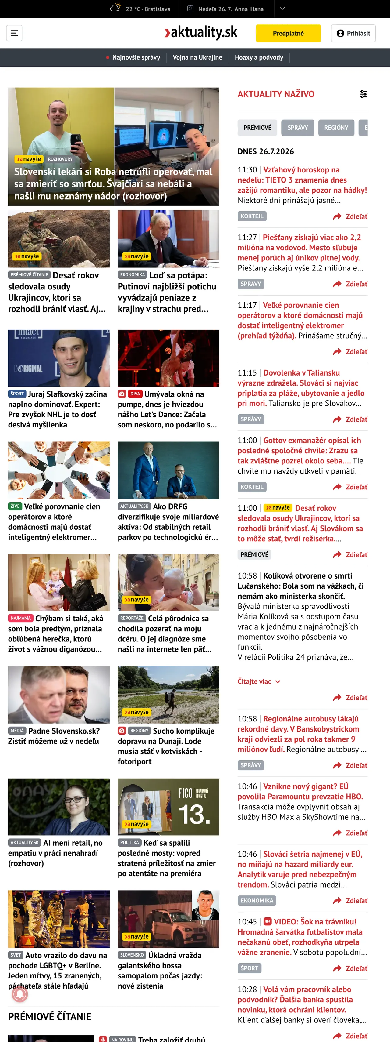 Screenshot of the Aktuality.sk front page