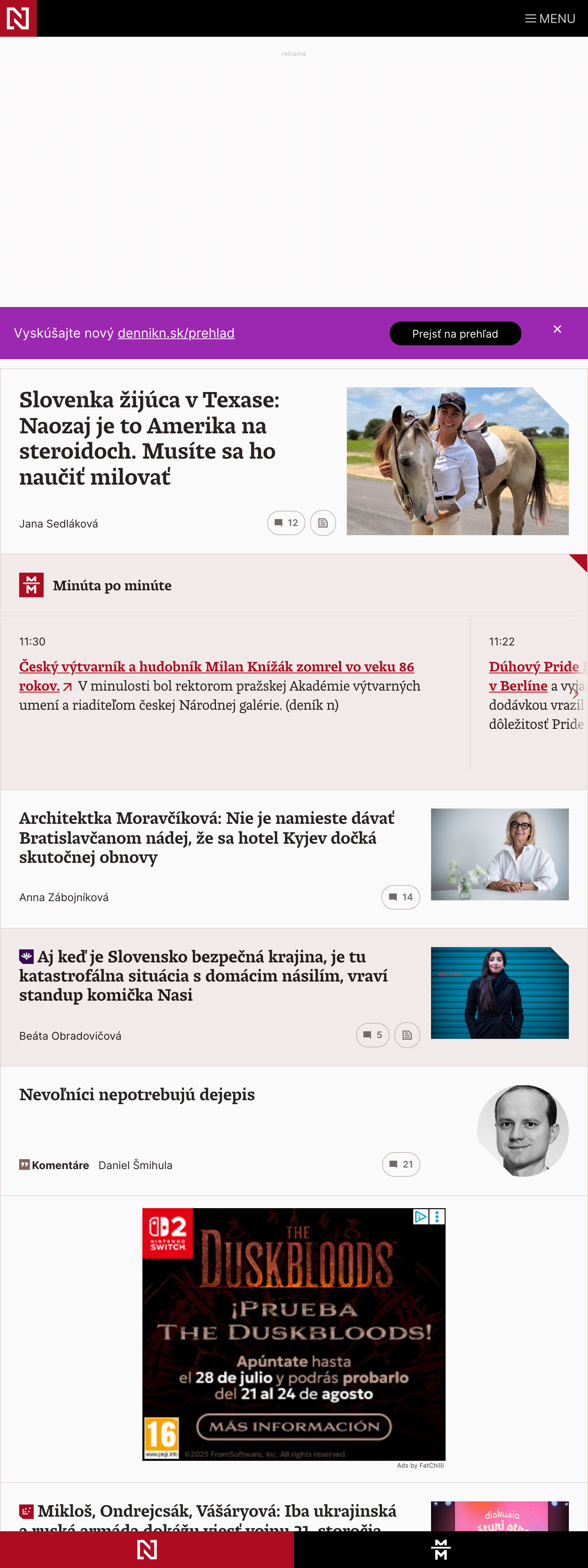 Screenshot of the Denník N front page