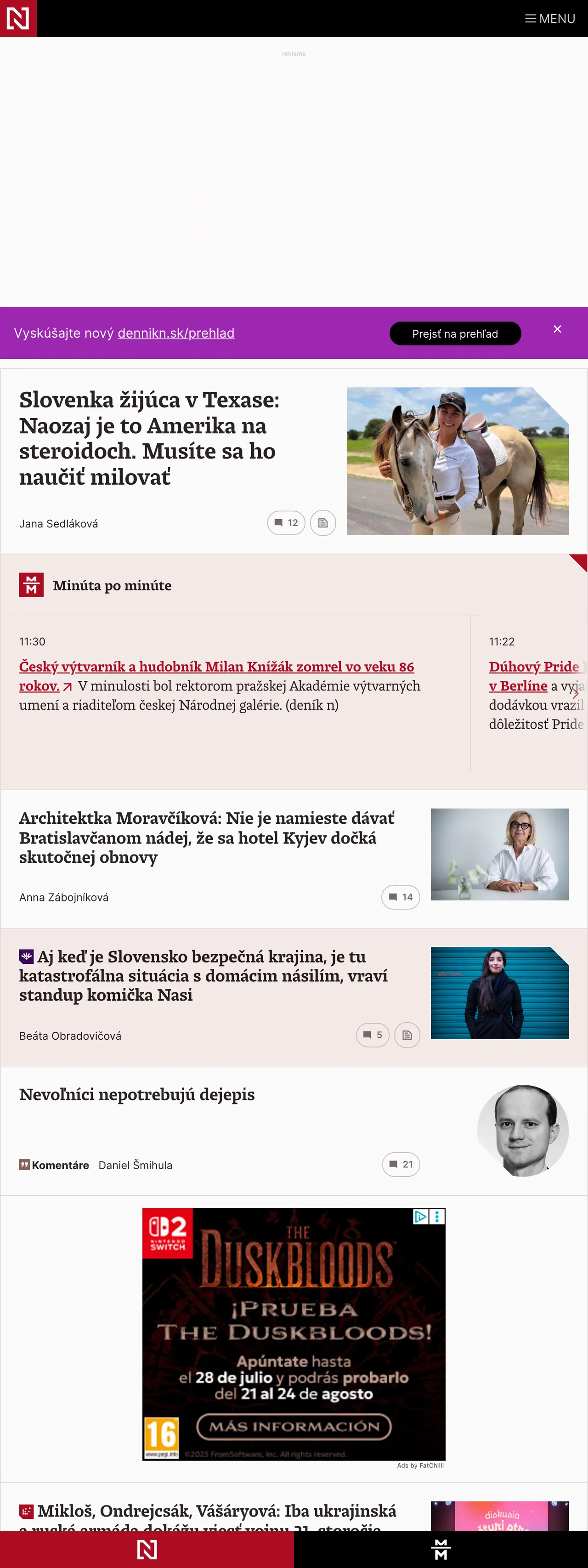 Screenshot of the Denník N front page
