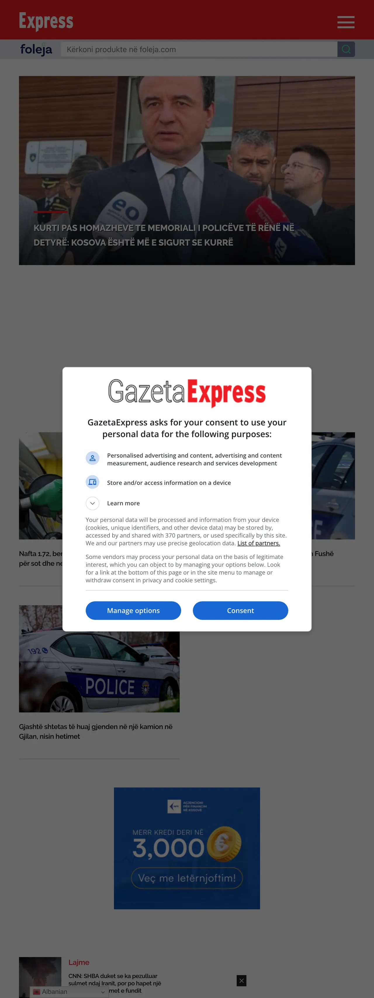 Screenshot of the Gazeta Express front page