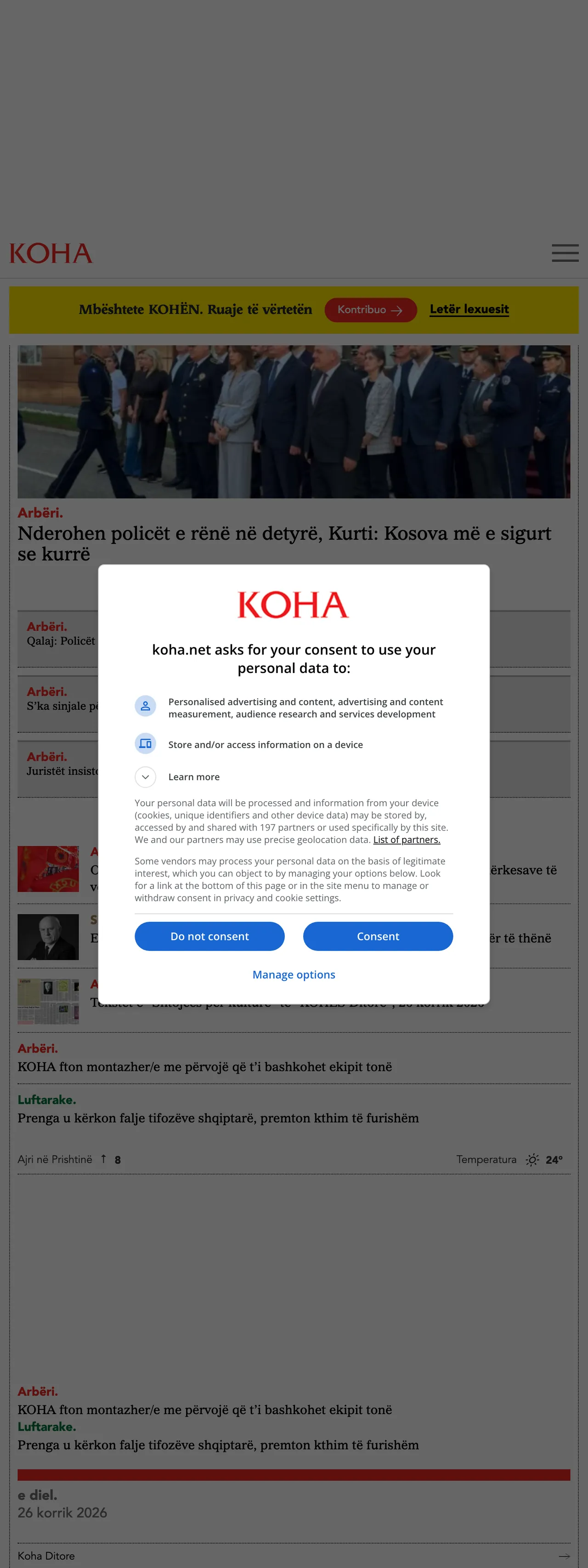 Screenshot of the Koha Ditore front page