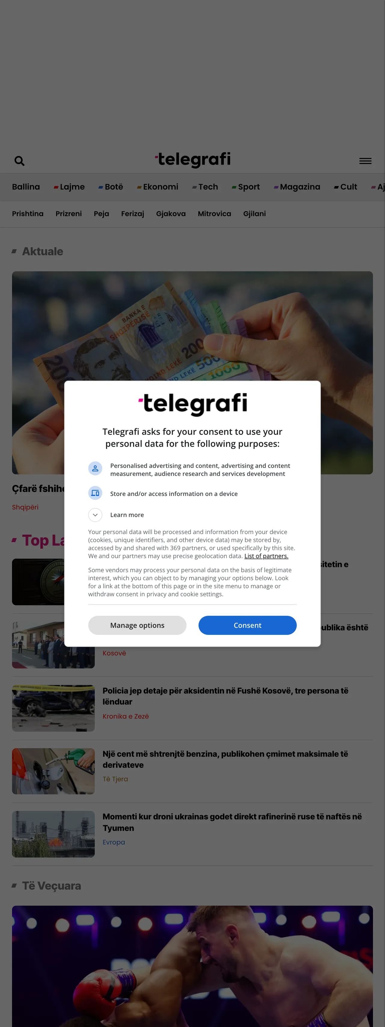 Screenshot of the Telegrafi front page