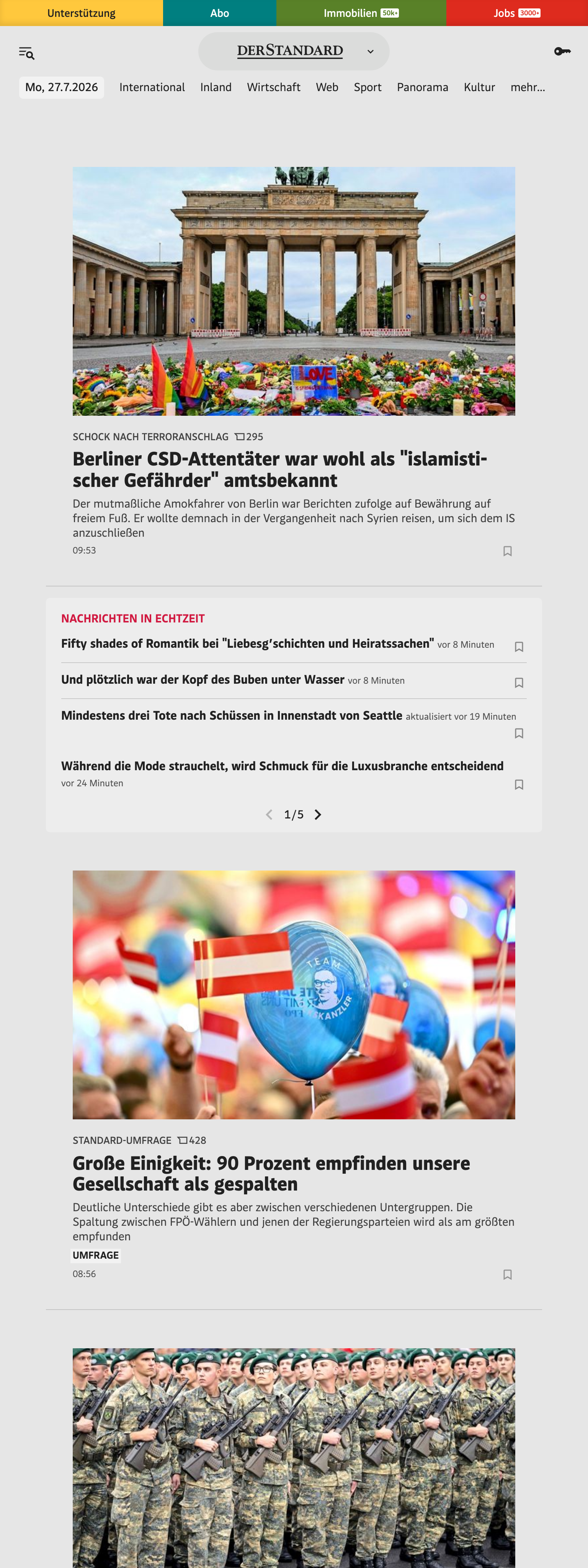 Screenshot of the DER STANDARD front page