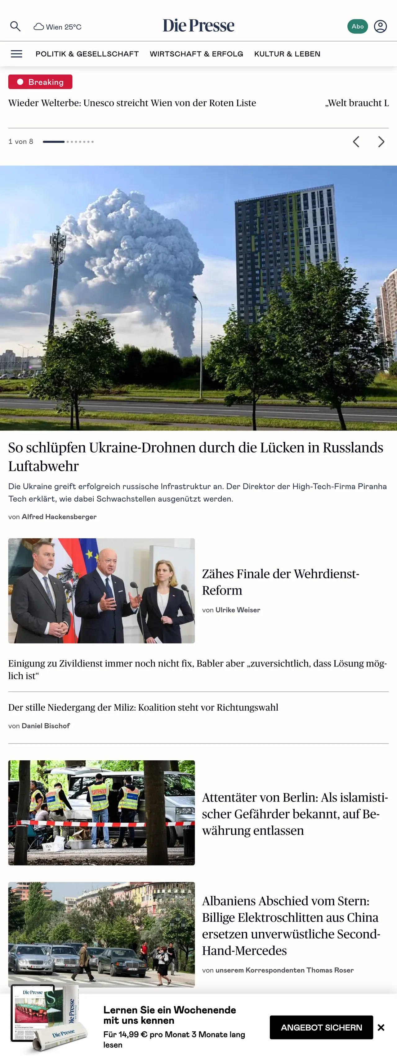Screenshot of the Die Presse front page