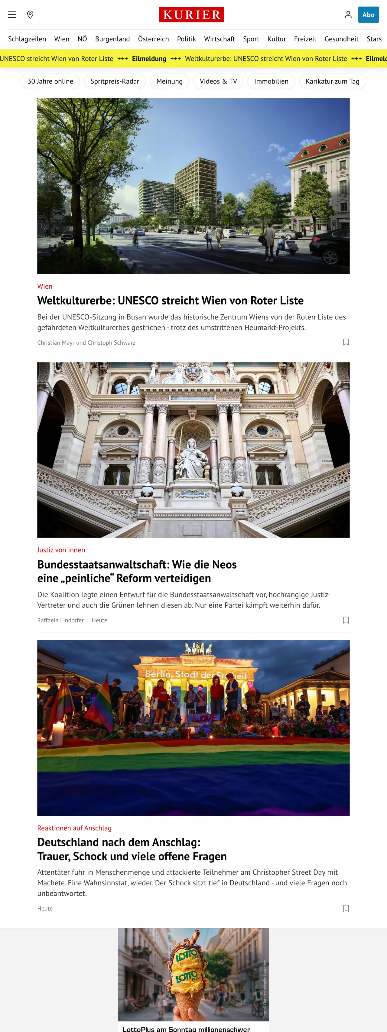 Screenshot of the Kurier front page