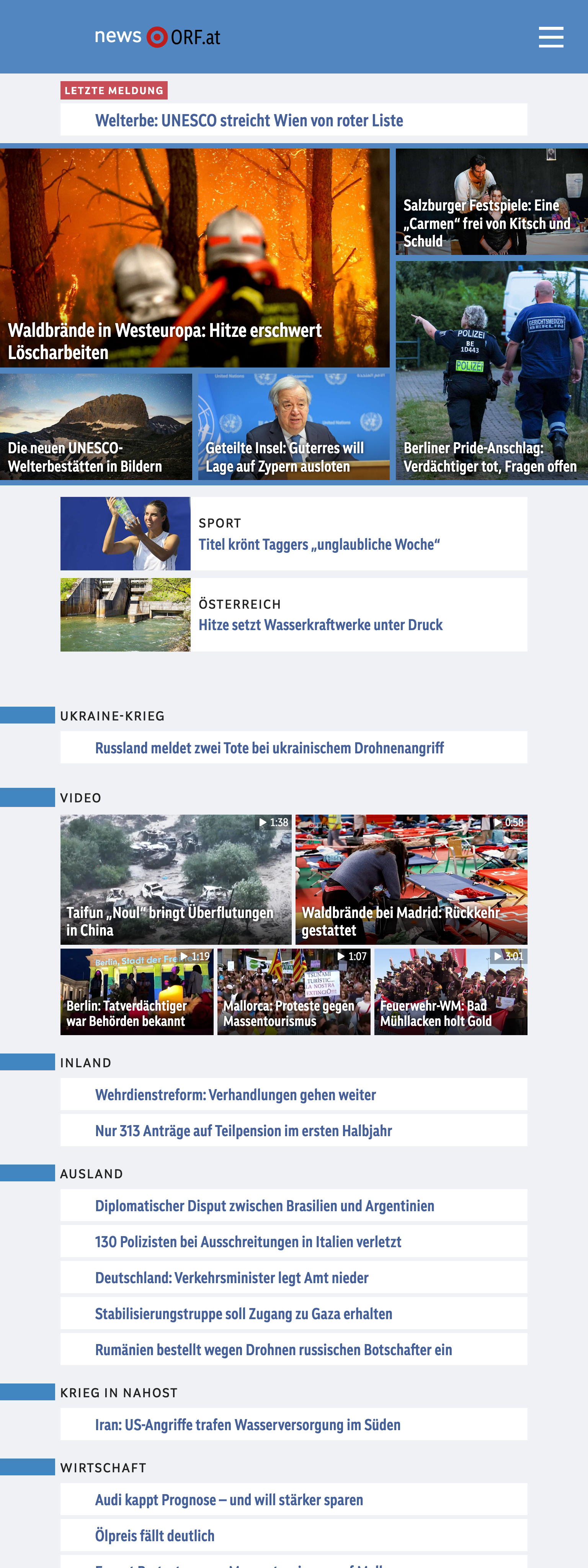 Screenshot of the ORF front page
