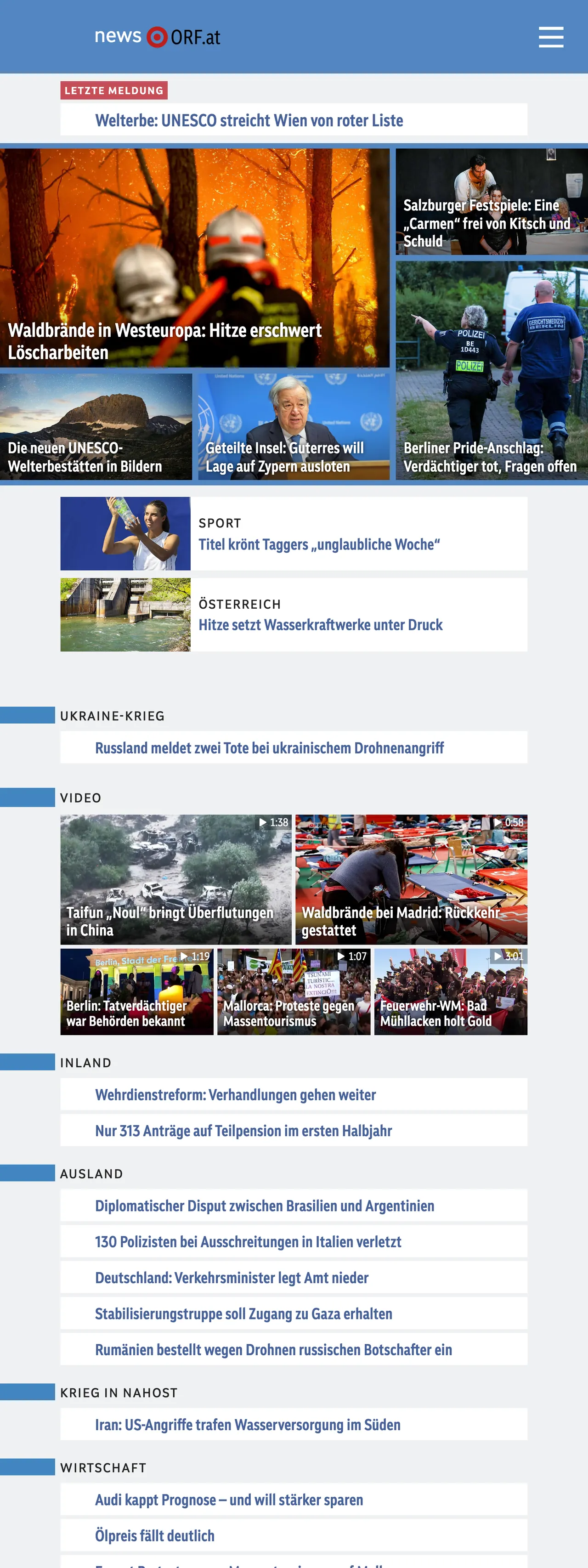 Screenshot of the ORF front page