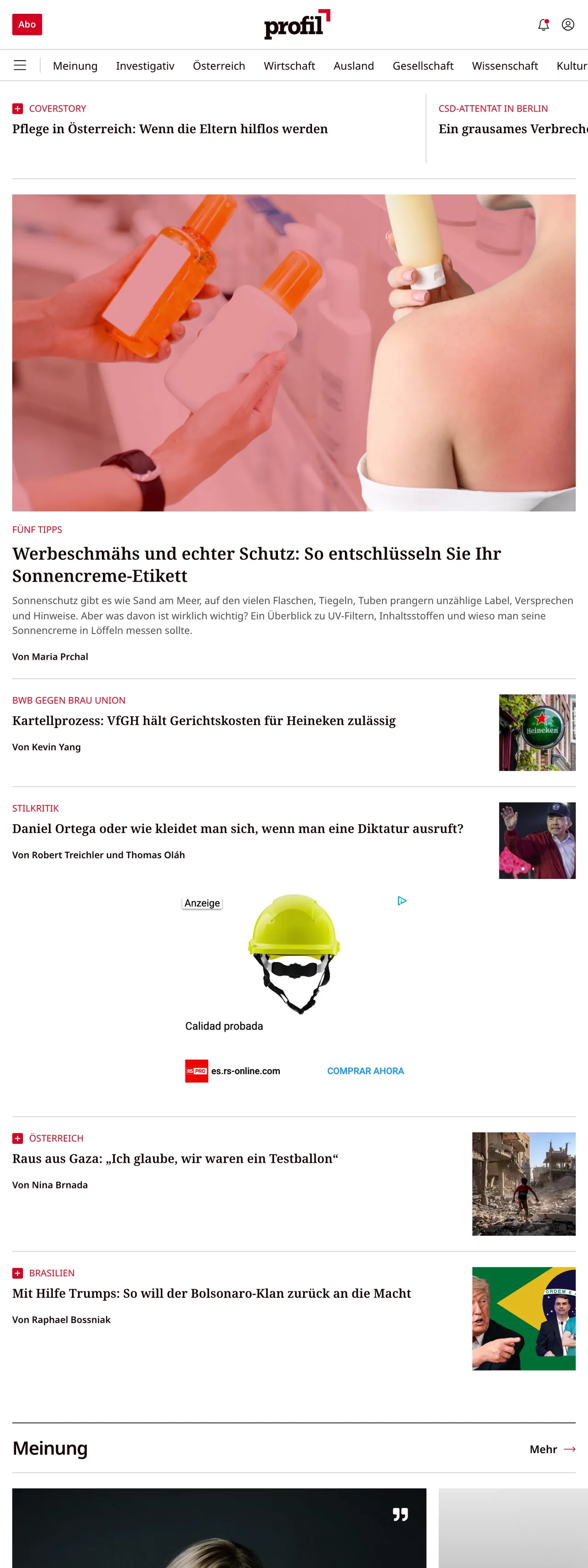 Screenshot of the profil front page