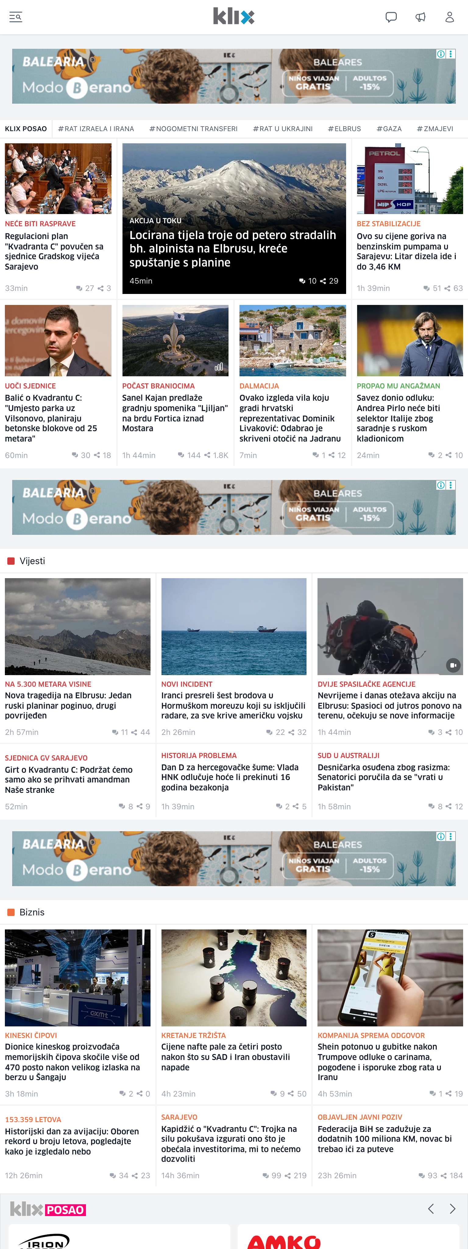 Screenshot of the Klix.ba front page