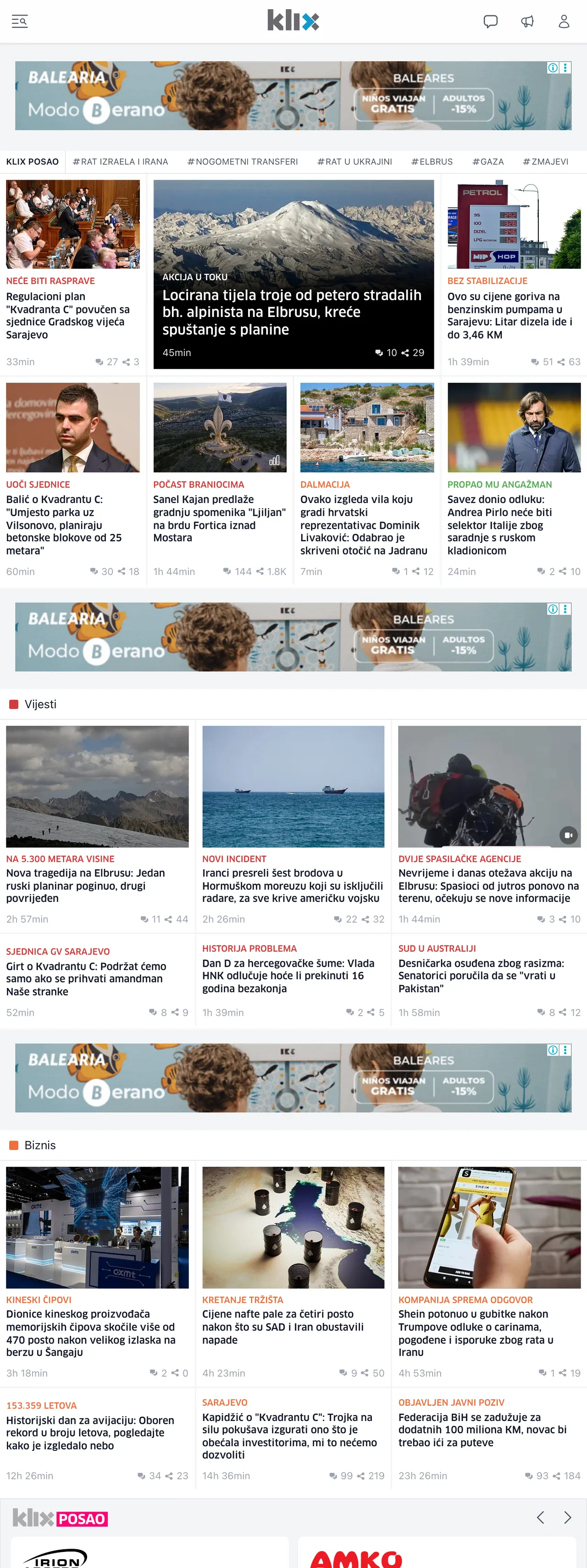 Screenshot of the Klix.ba front page