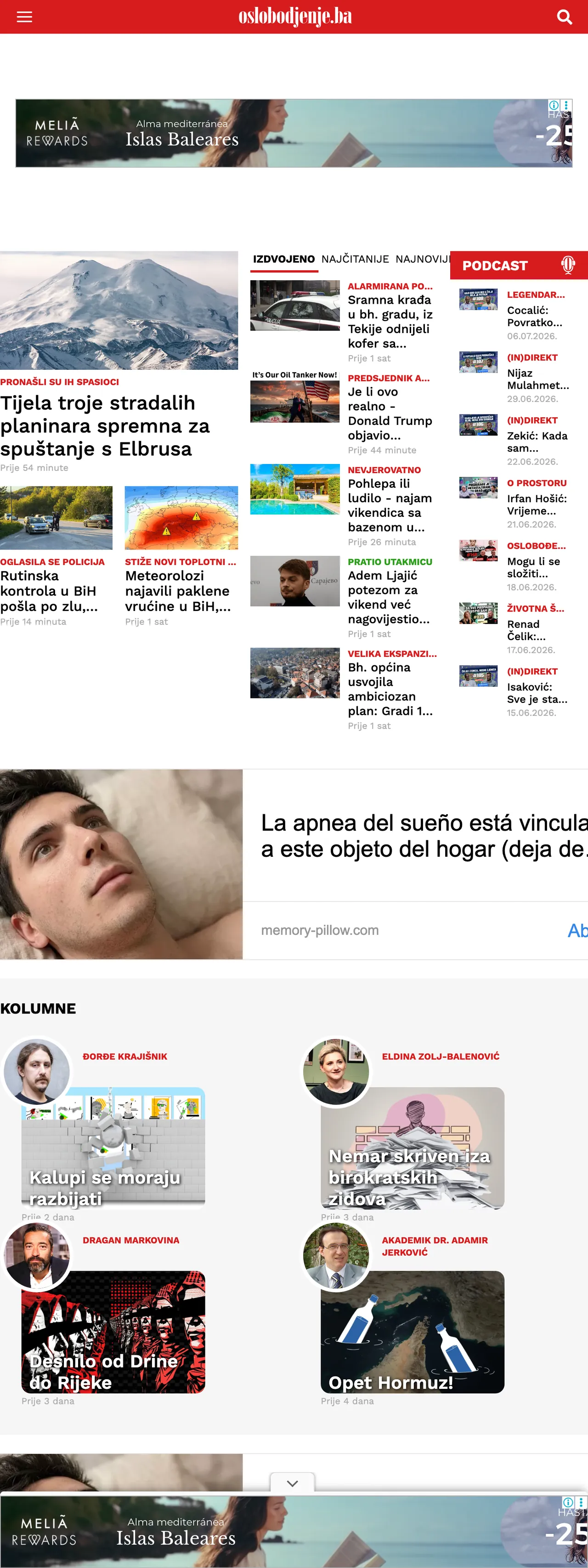 Screenshot of the Oslobođenje front page