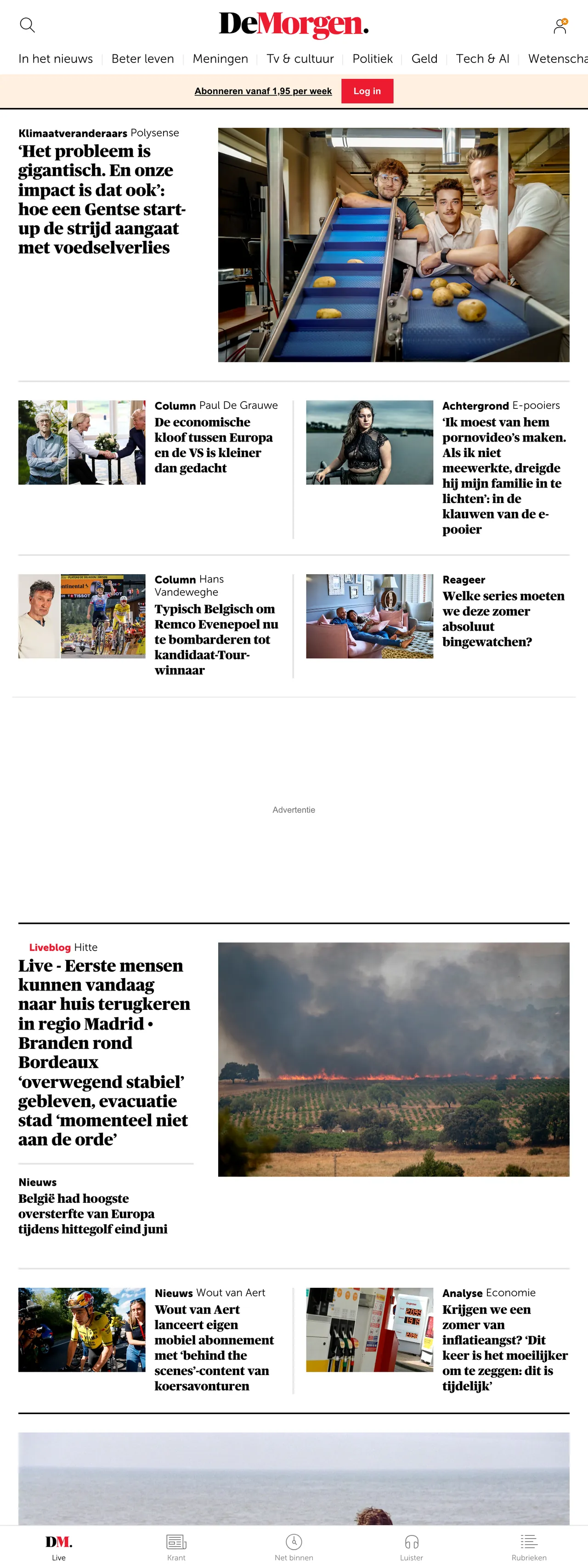 Screenshot of the De Morgen front page