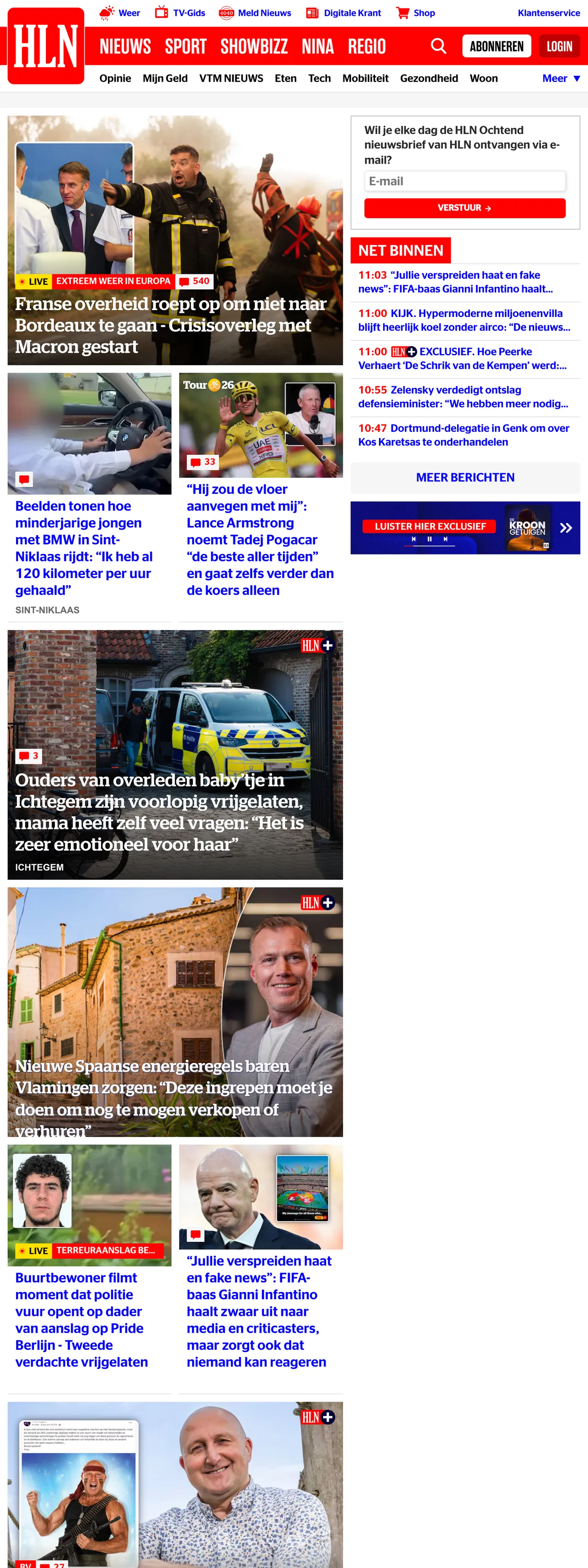 Screenshot of the HLN front page