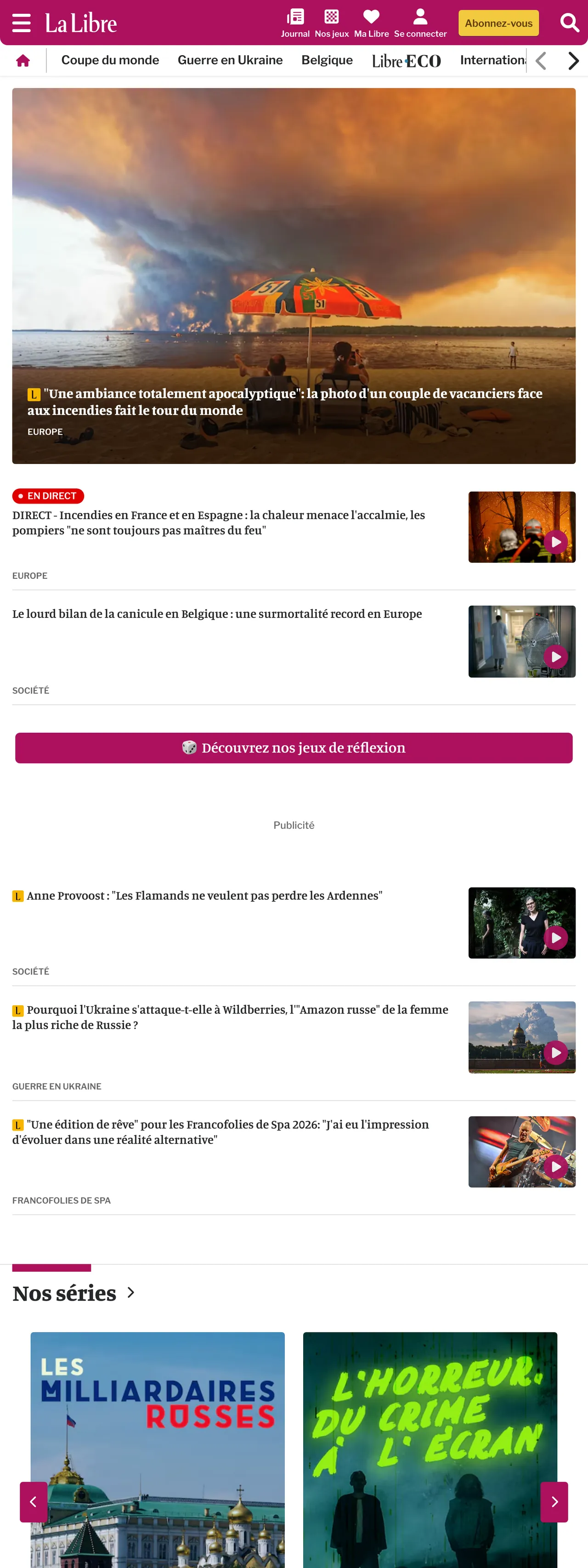 Screenshot of the La Libre front page