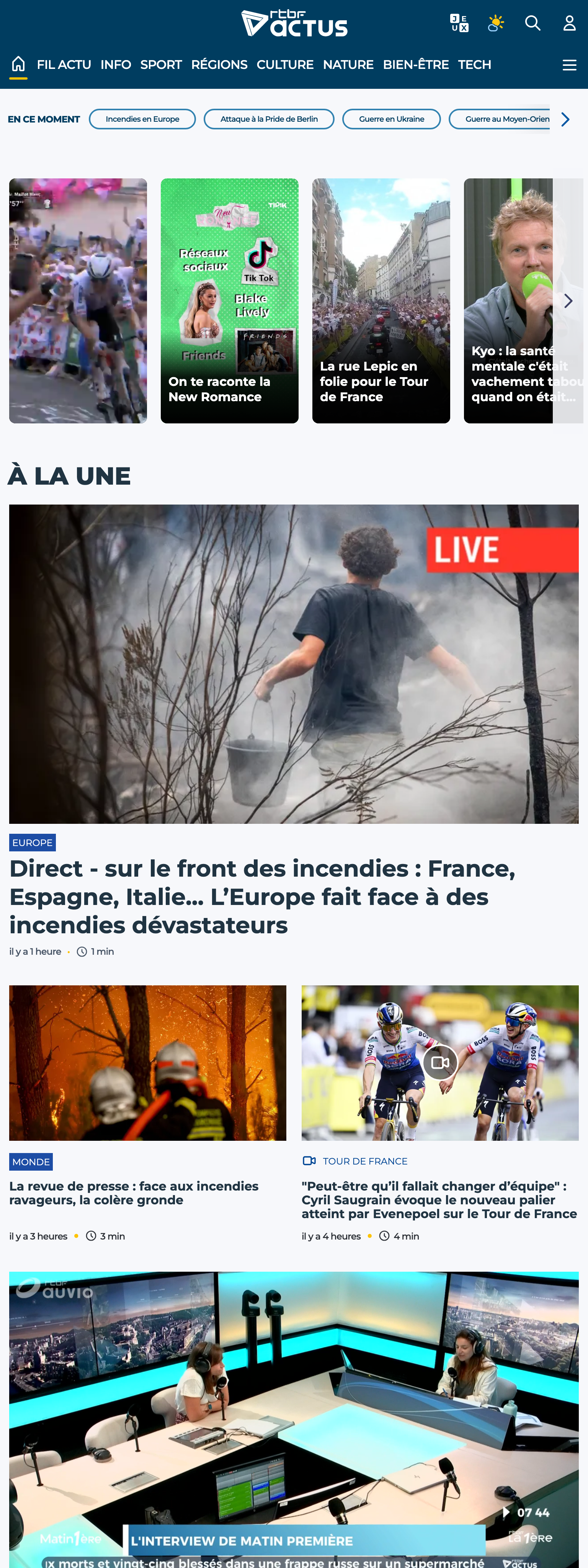 Screenshot of the RTBF front page