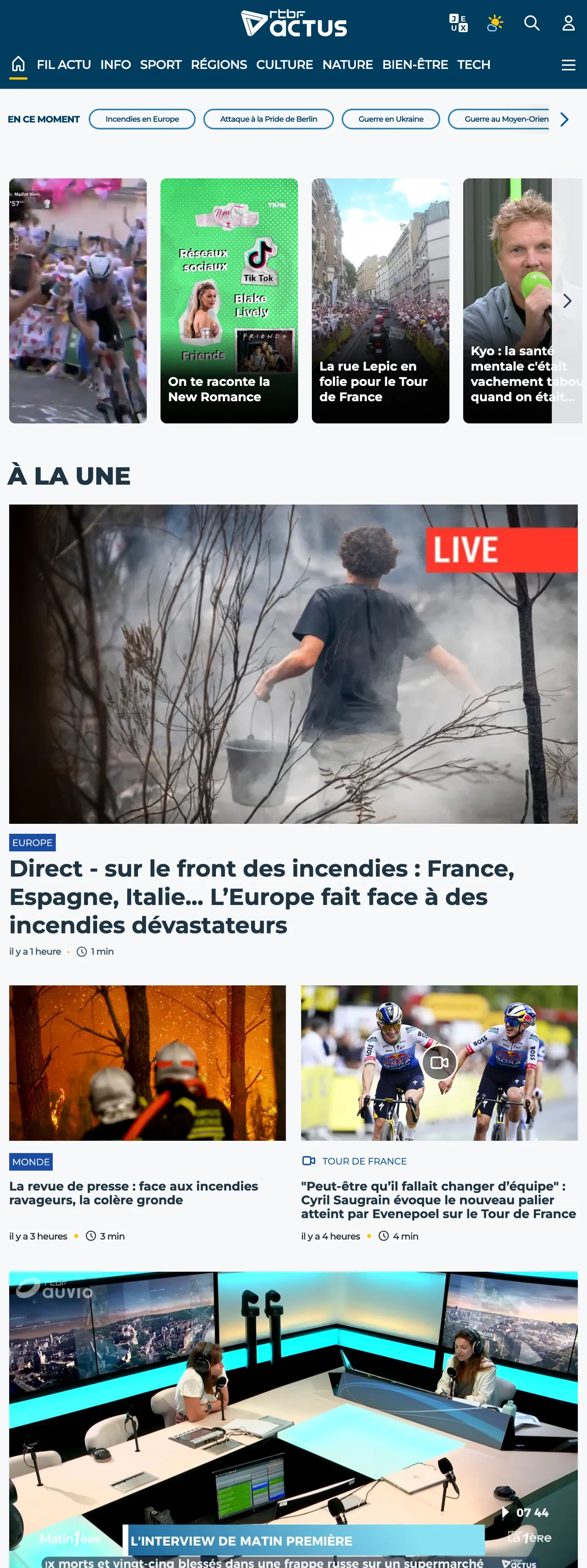 Screenshot of the RTBF front page