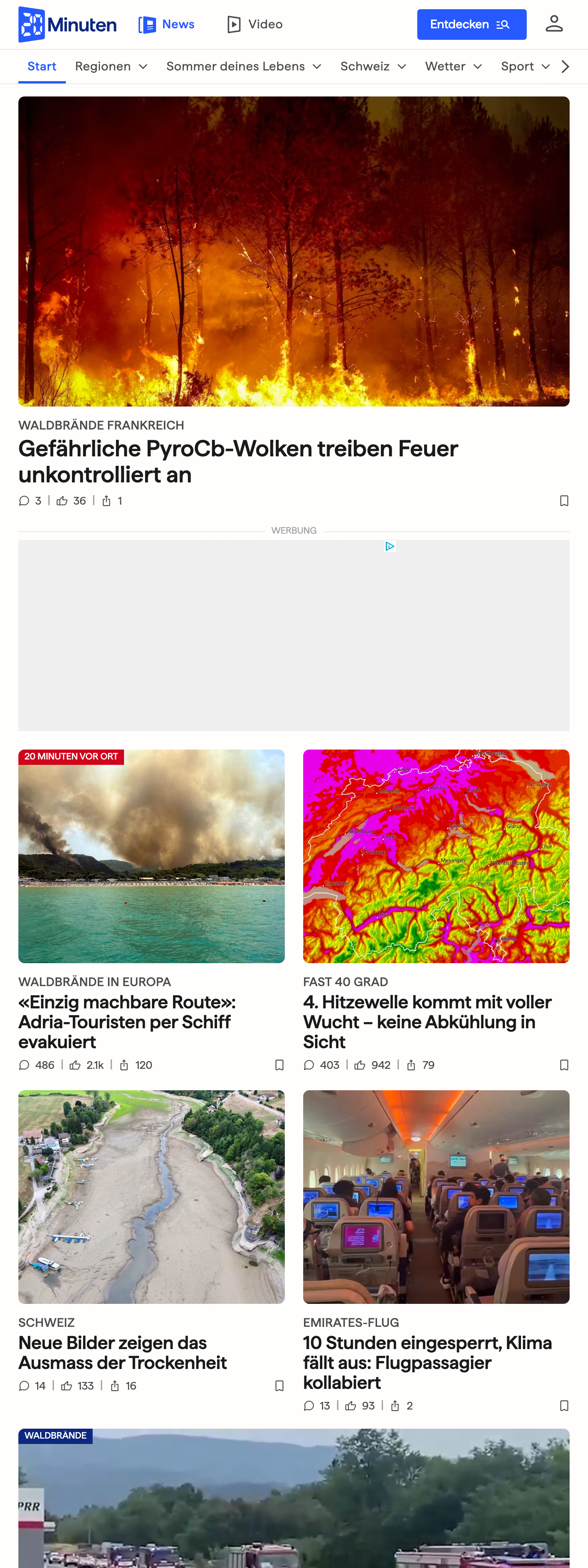 Screenshot of the 20 Minuten front page