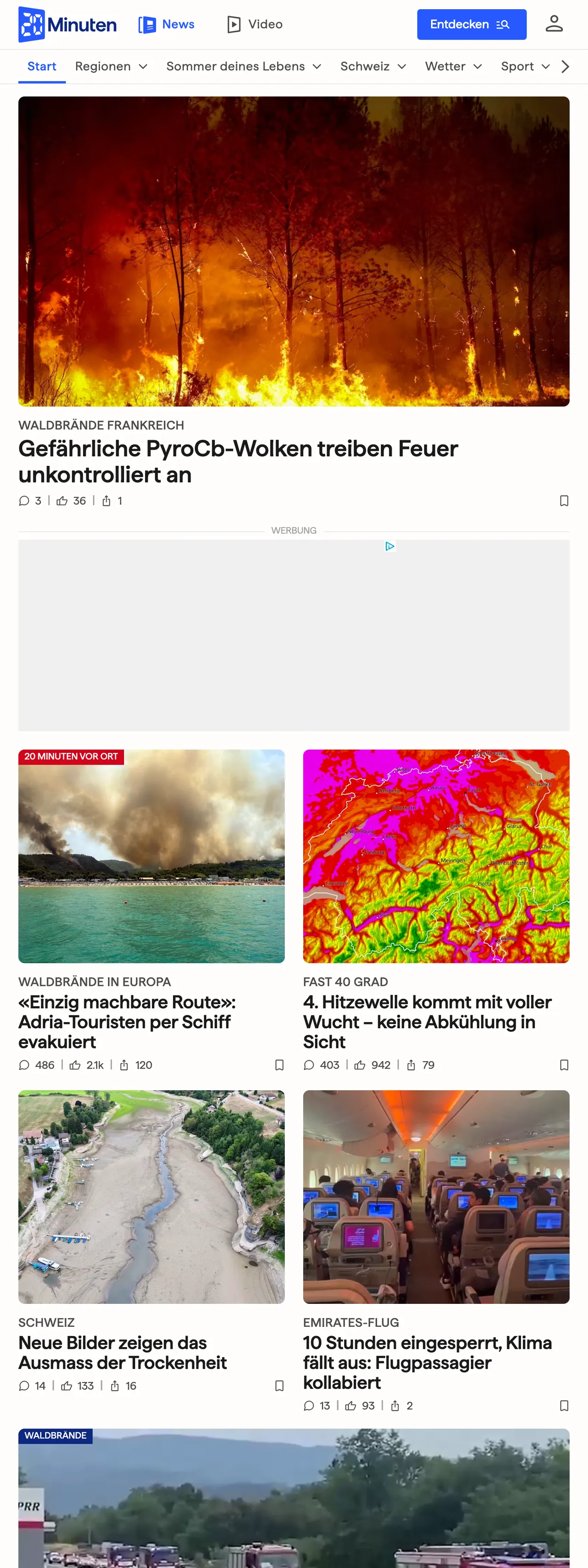 Screenshot of the 20 Minuten front page