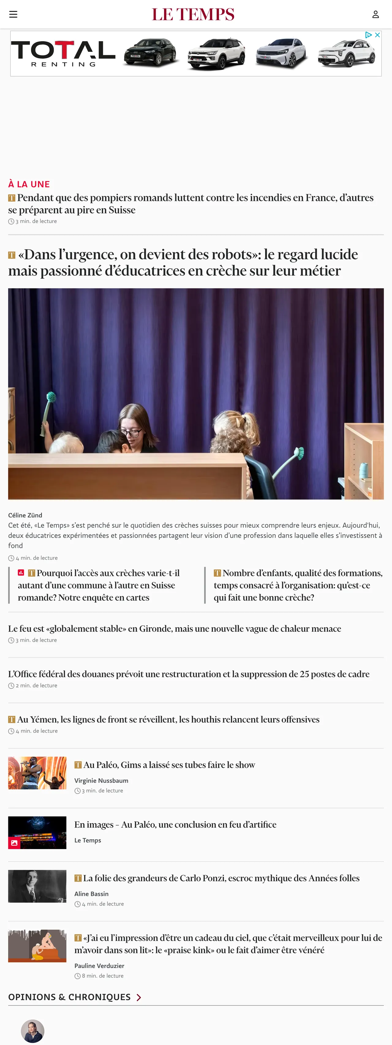 Screenshot of the Le Temps front page