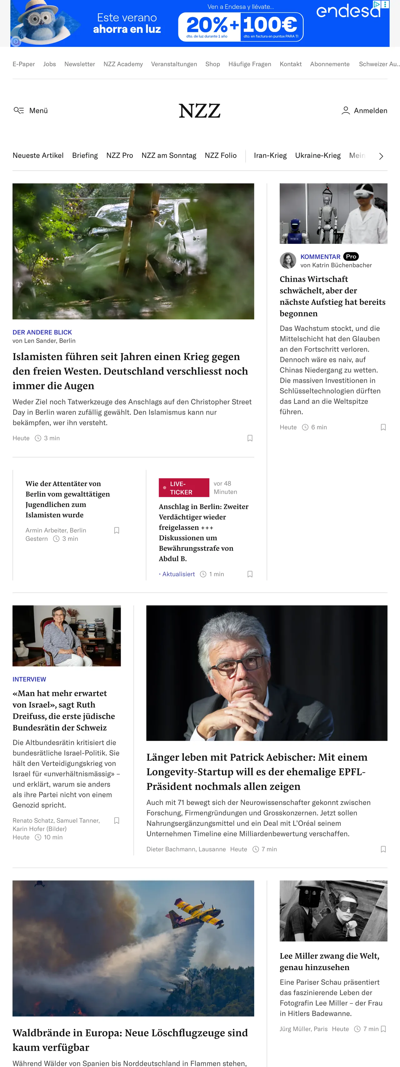Screenshot of the Neue Zürcher Zeitung front page