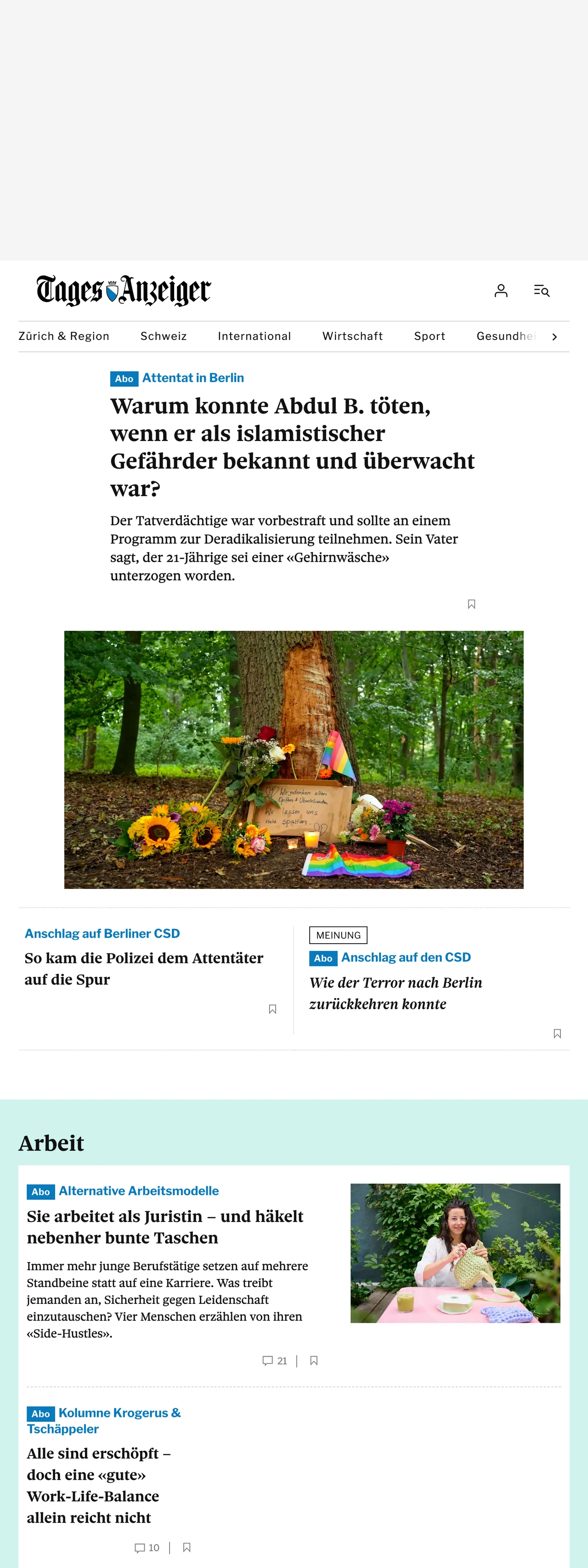 Screenshot of the Tages-Anzeiger front page