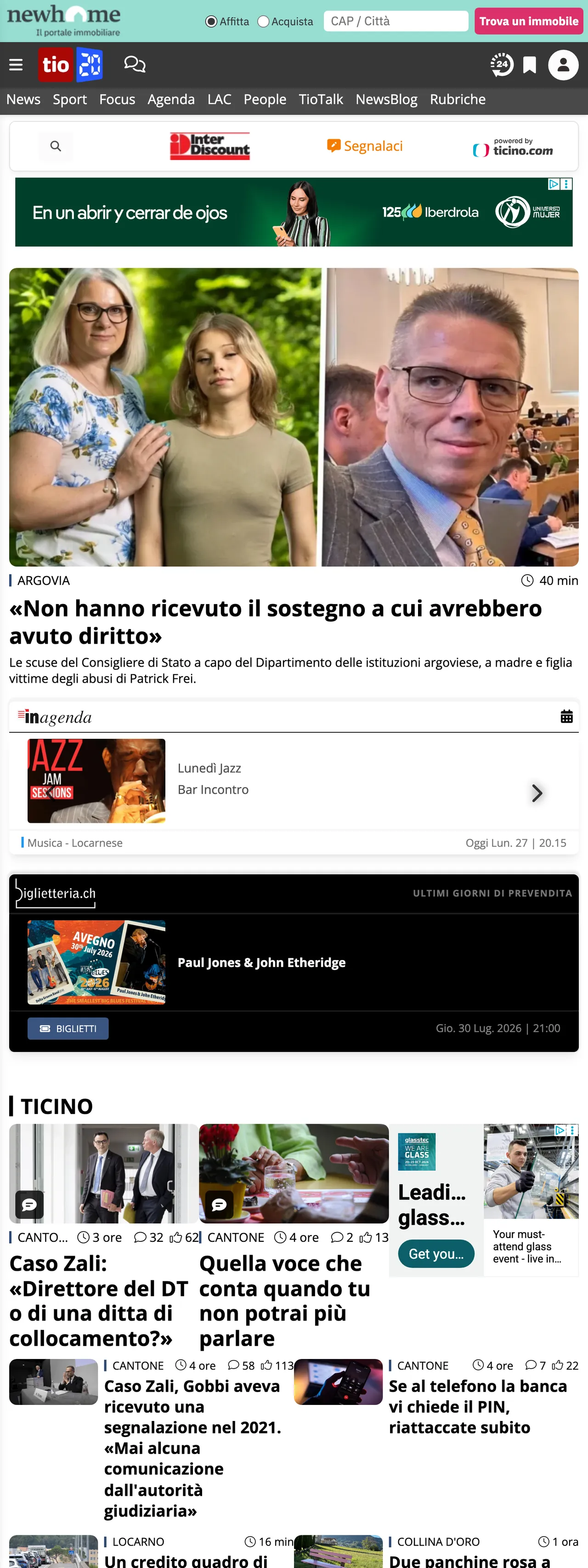 Screenshot of the Ticinonline front page
