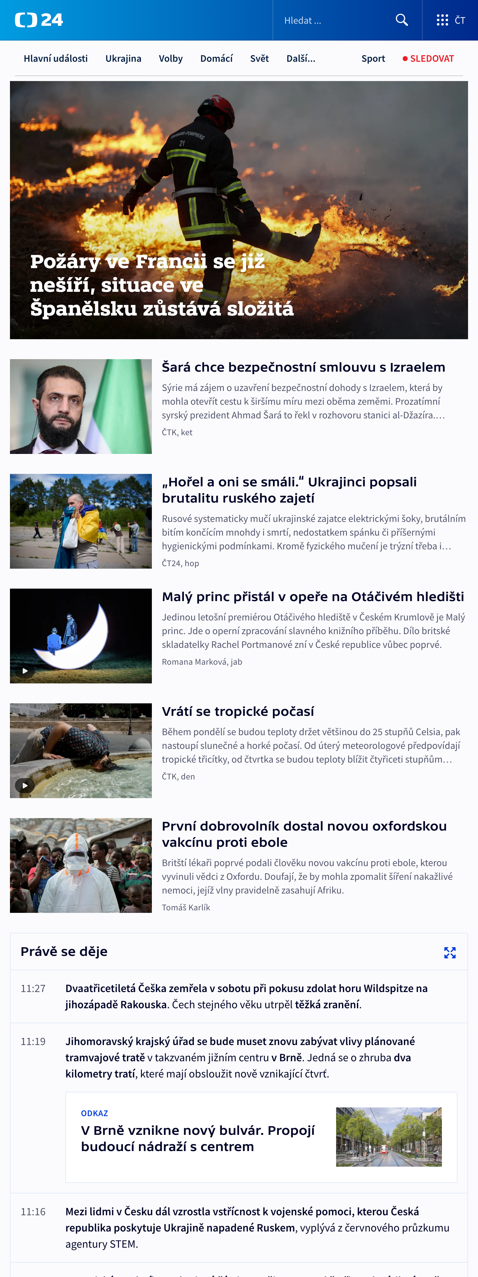 Screenshot of the ČT24 front page