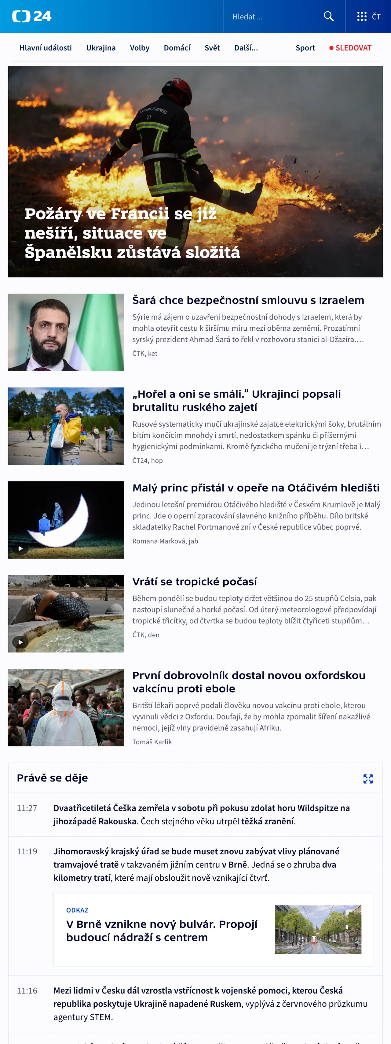 Screenshot of the ČT24 front page