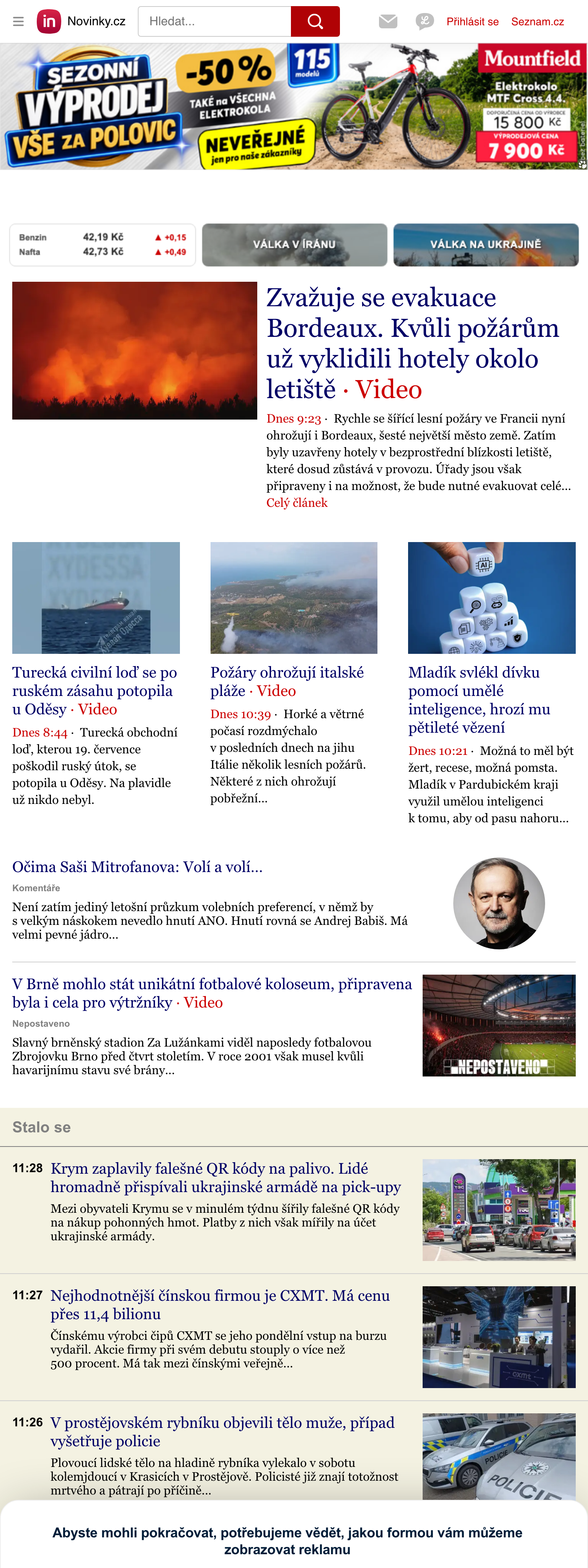 Screenshot of the Novinky.cz front page