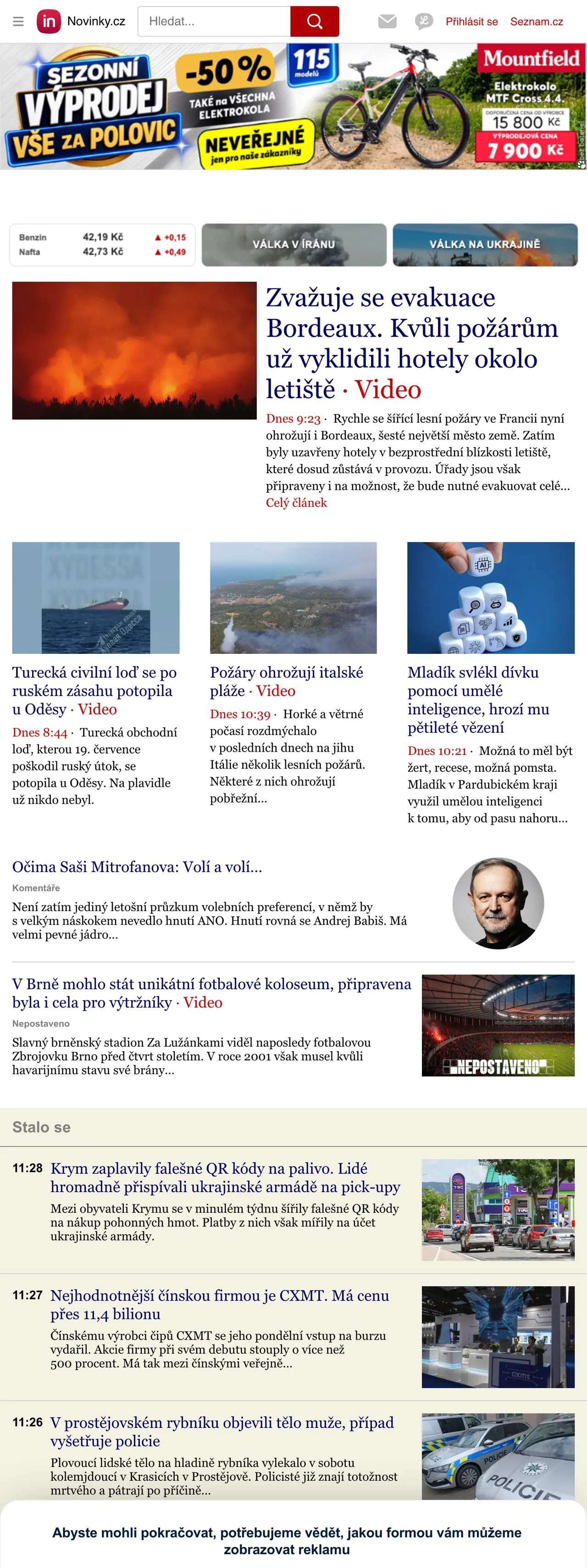 Screenshot of the Novinky.cz front page