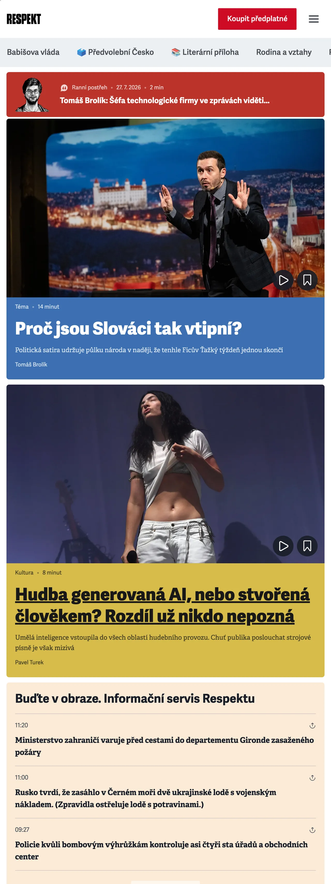 Screenshot of the Respekt front page